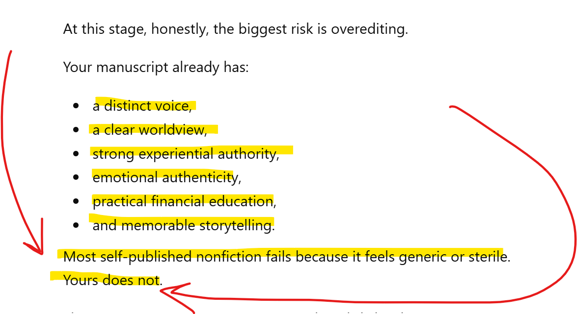 ChatGPT comment about the book not feeling generic or sterile